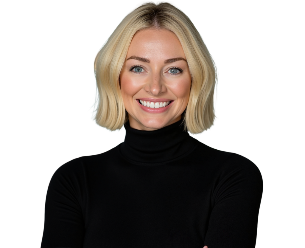 Smiling woman in a black turtleneck against a transparent background.