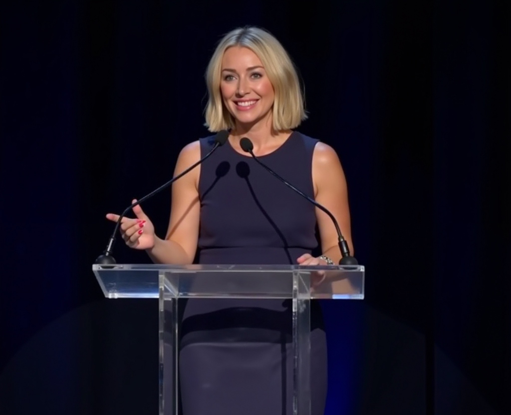 Woman smiling and speaking at a podium with two microphones on a dark stage.