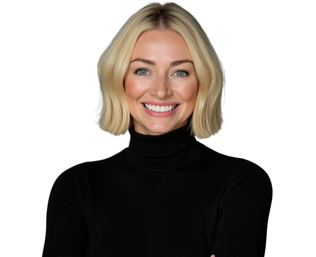 Smiling woman in a black turtleneck against a transparent background.