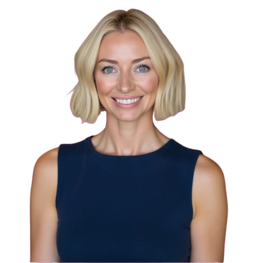 A smiling woman with short blonde hair in a navy sleeveless top on a transparent background.